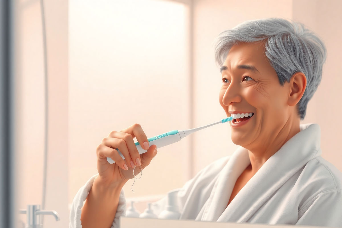 Mature adult brushing teeth and flossing