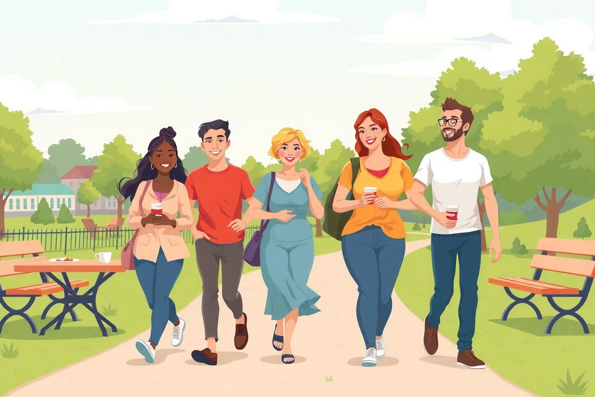 Personas caminando despues de comer en un parque soleado