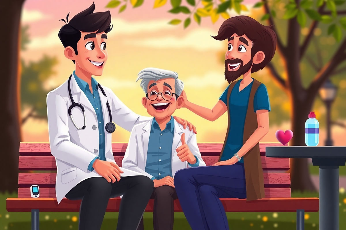 Ilustración estilo Pixar: escena esperanzadora y de apoyo sobre salud masculina, doctor conversando con paciente y pareja en un parque.