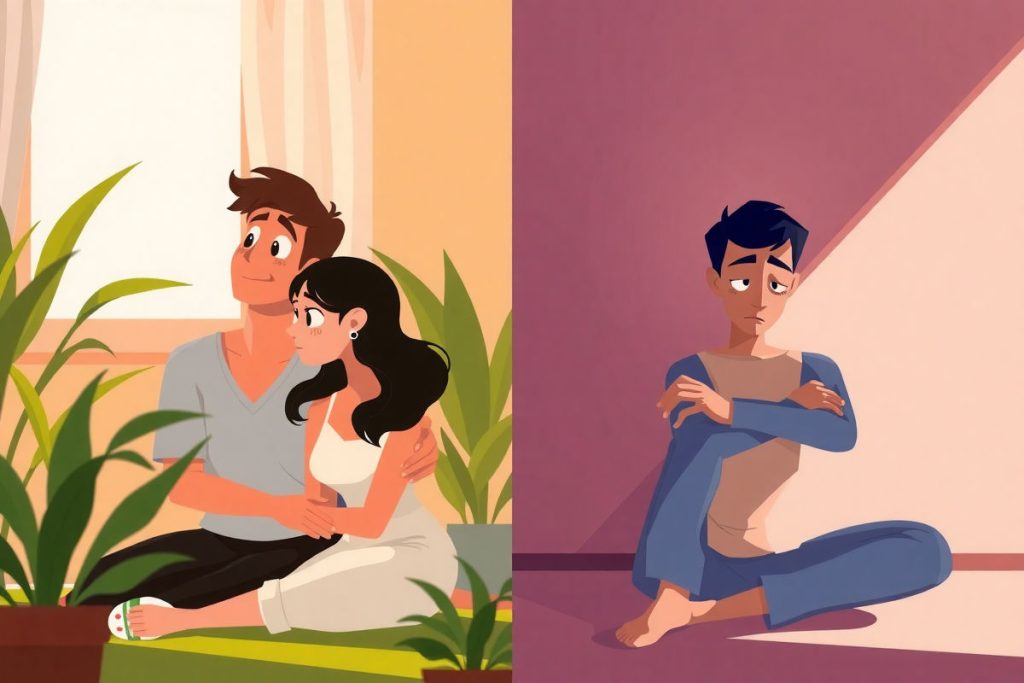 Imagen que contrasta el bienestar emocional con relaciones tóxicas: a la izquierda, dos personas en un entorno cálido y de apoyo; a la derecha, una persona tensa y otra que muestra control o distancia.