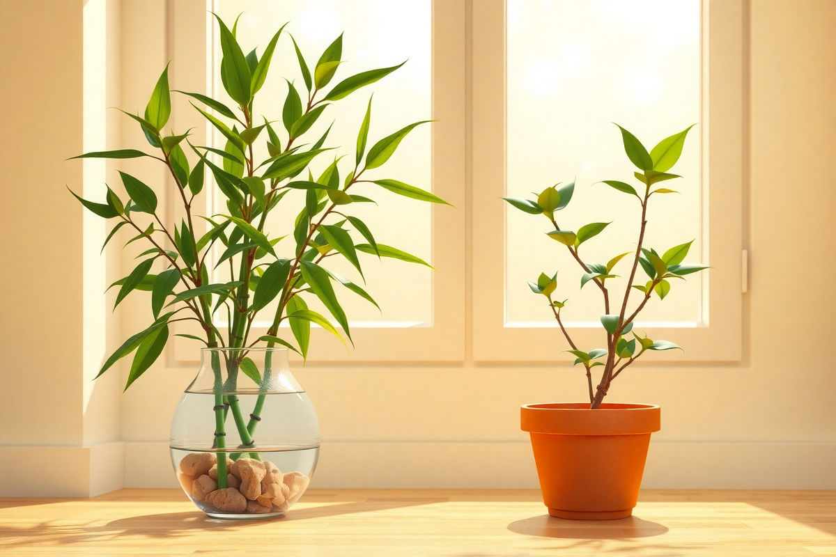 Friendly illustration of a lucky bamboo in a glass vase and a small prosperity tree in a terracotta pot placed side by side, lit by gentle window light.