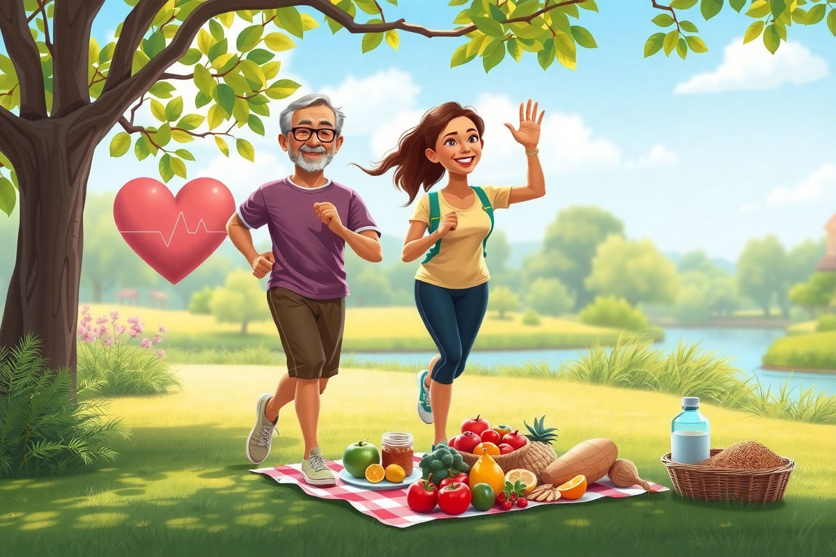 Ilustración principal: pareja activa y saludable en estilo Pixar