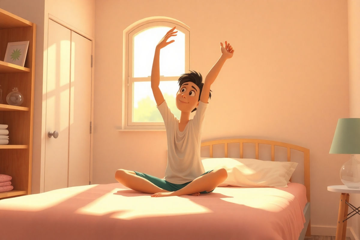 Persona estirándose suavemente al despertar en un dormitorio soleado