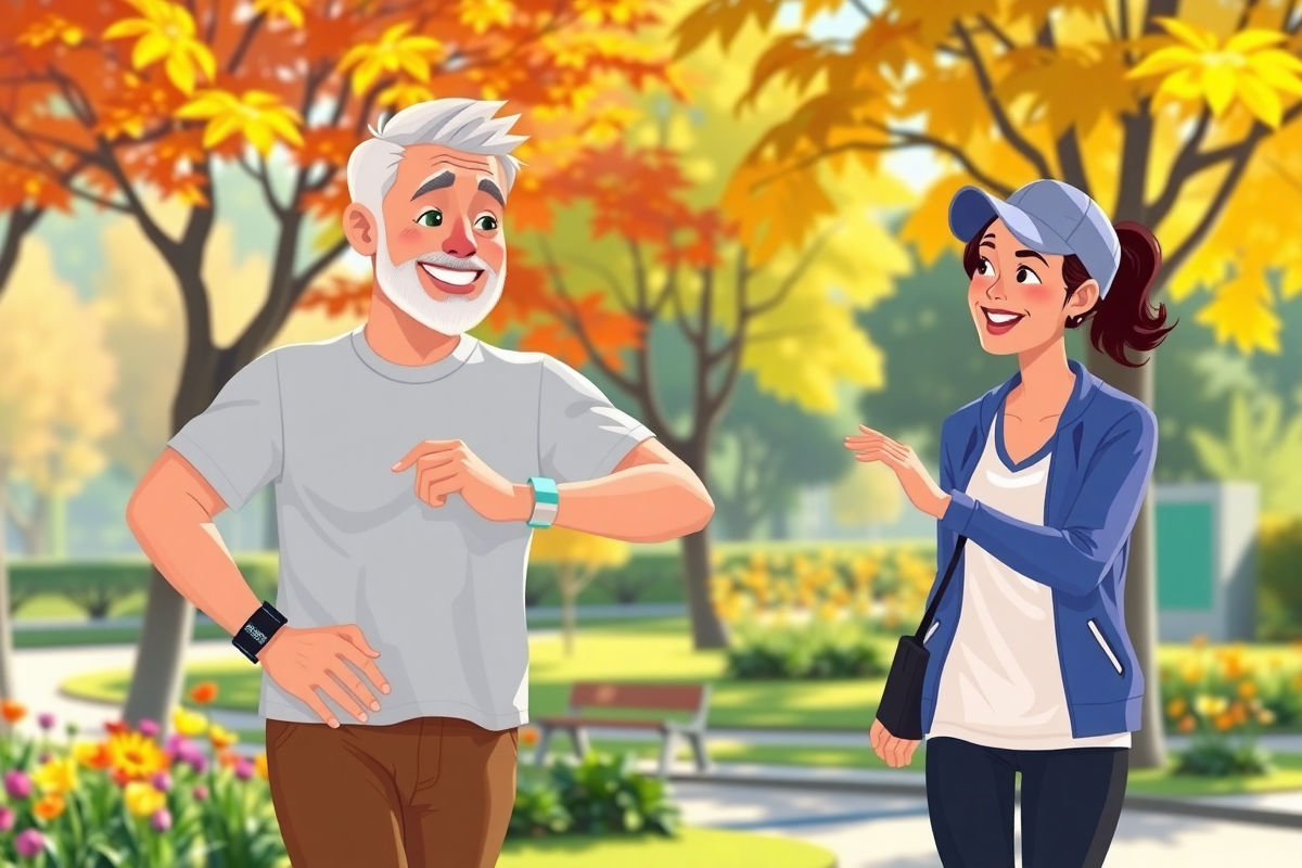 Paciente sonriente realizando ejercicio al aire libre con un entrenador en estilo Pixar